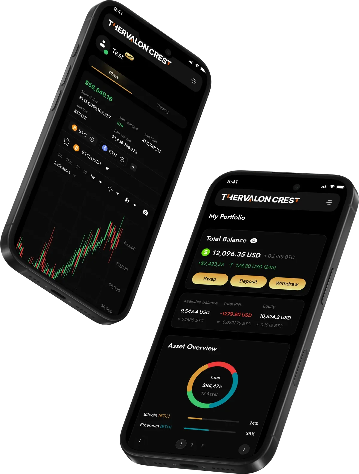 Two phones at an angle running the Thervalon Crest app: the BTC/USDT chart on one, the portfolio with total balance and asset overview on the other