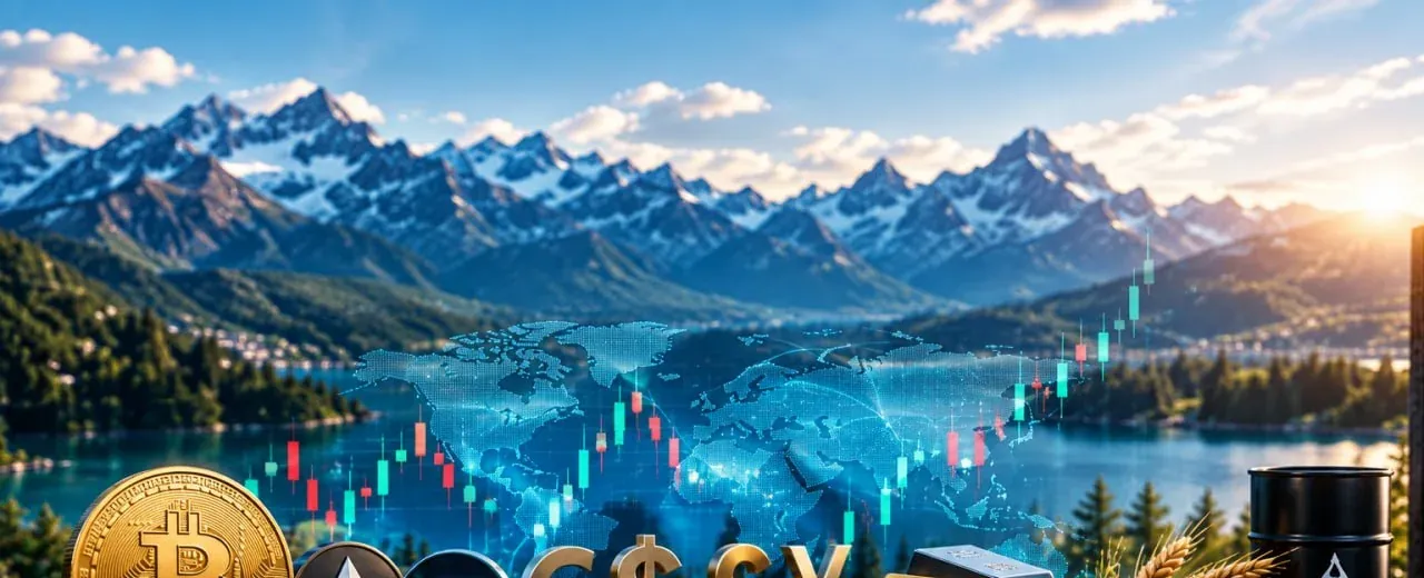 A mountain skyline behind a desk scattered with coins, bars and currency signs