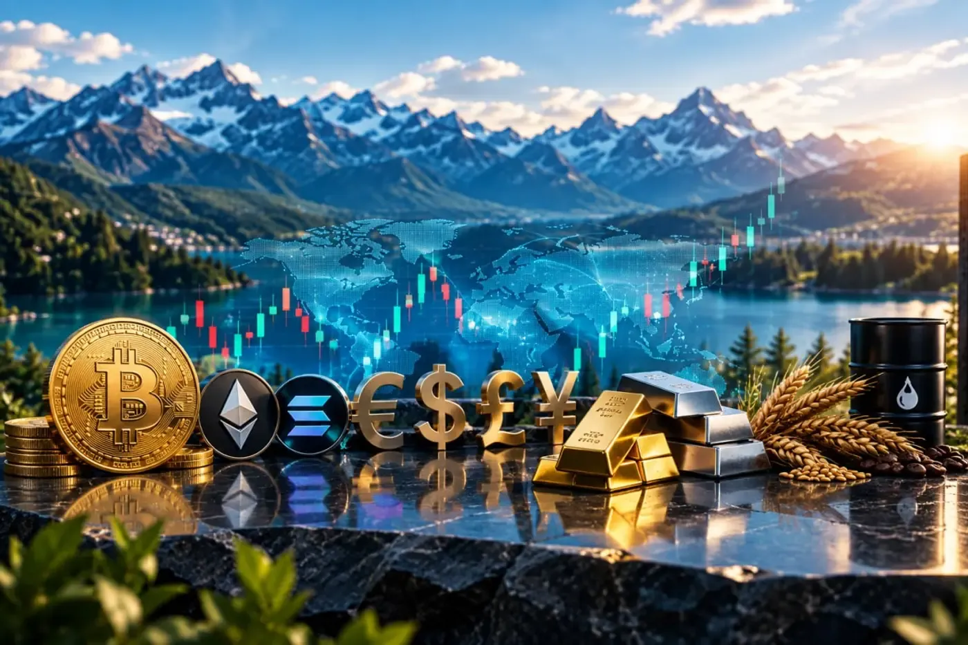On a glossy desk over a mountain lake: crypto coins, currency signs and bars of gold